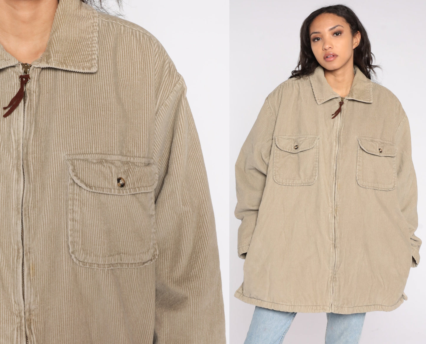 Y2K Tan Corduroy Zip Jacket Fleece Lined Extra Large XL