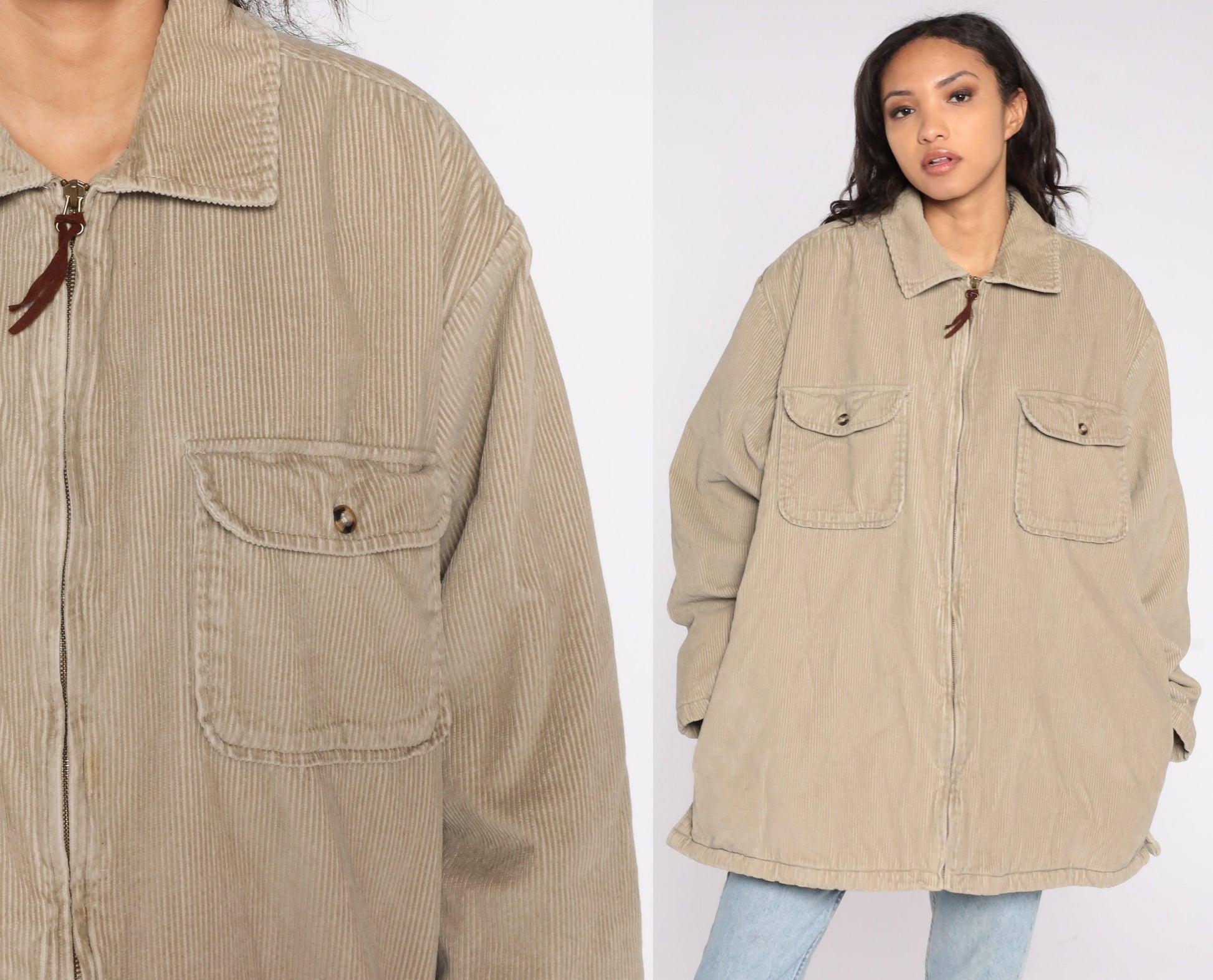 Y2K Tan Corduroy Zip Jacket Fleece Lined Extra Large XL