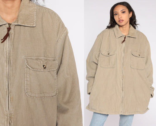 Y2K Tan Corduroy Zip Jacket Fleece Lined Extra Large XL