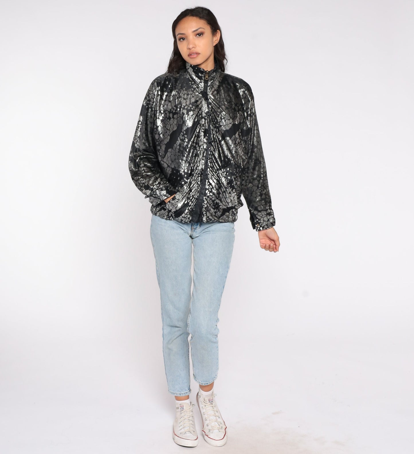 90s Reversible Windbreaker Black Metallic Silver Abstract Zip Bomber Large L
