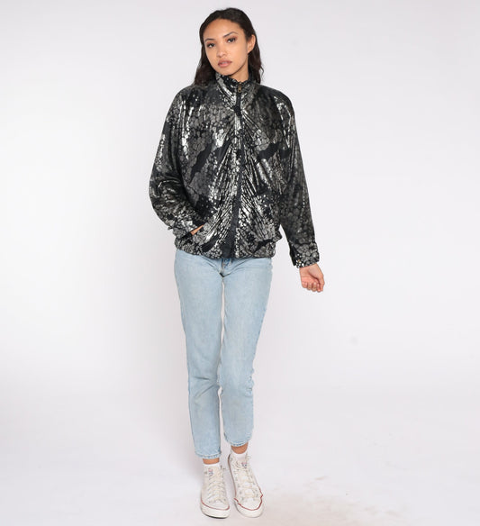 90s Reversible Windbreaker Black Metallic Silver Abstract Zip Bomber Large L