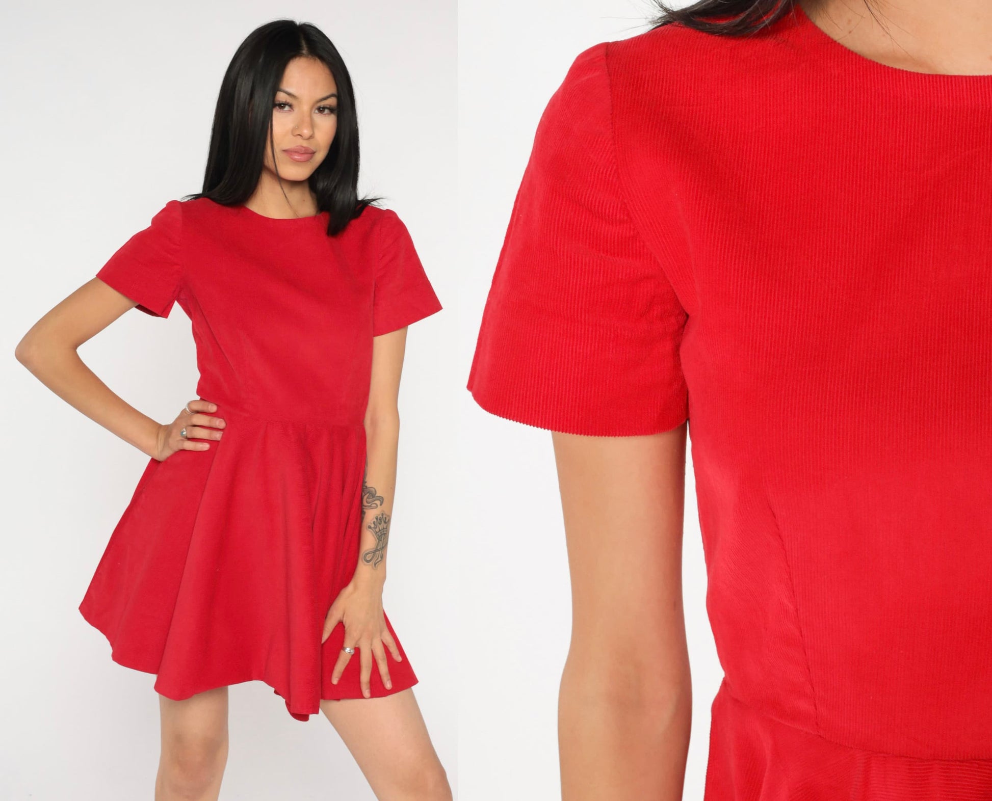 80s Red Corduroy Mini Dress High Waist Short Sleeve Fit Flare Small S
