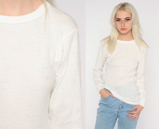 80s White Thermal Long Sleeve Crewneck Shirt Semi Sheer Medium