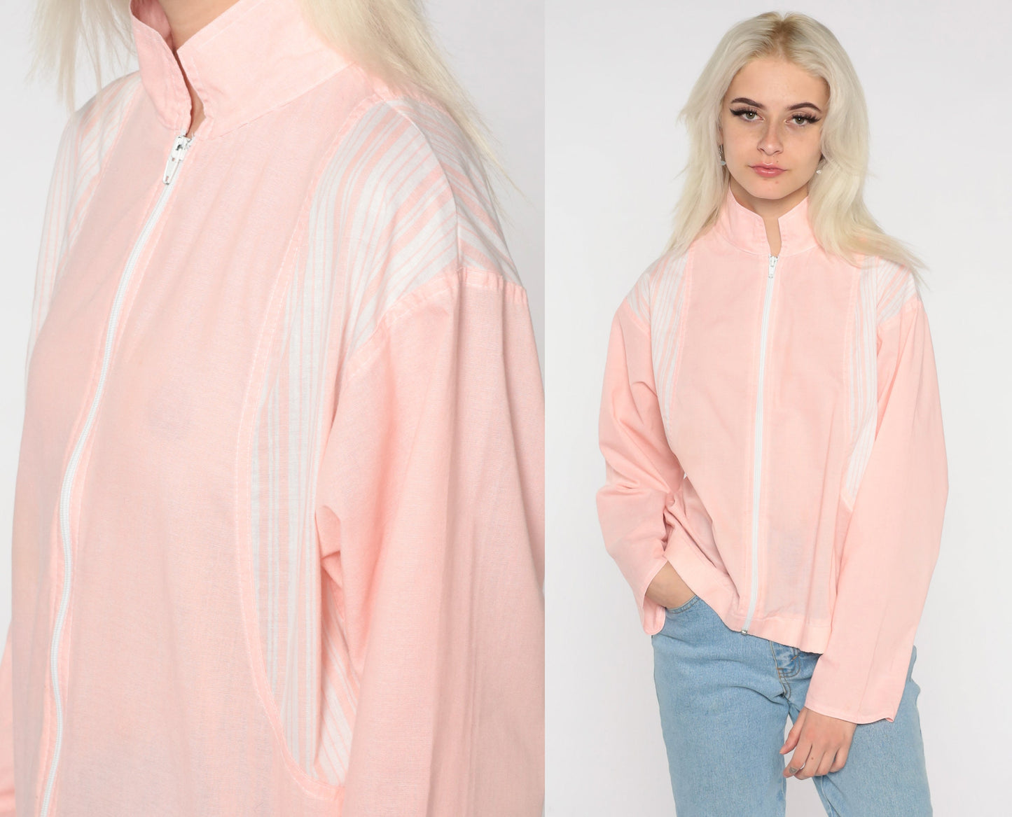80s Baby Pink Windbreaker Jacket Striped Shoulder Zip-Up Small