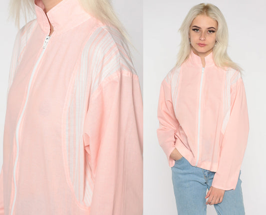 80s Baby Pink Windbreaker Jacket Striped Shoulder Zip-Up Small