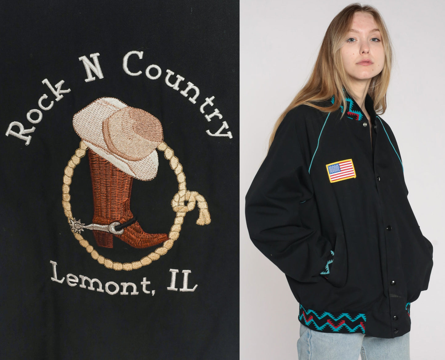 80s Rock N Country Snap Jacket Black Aztec Graphic Unisex Large