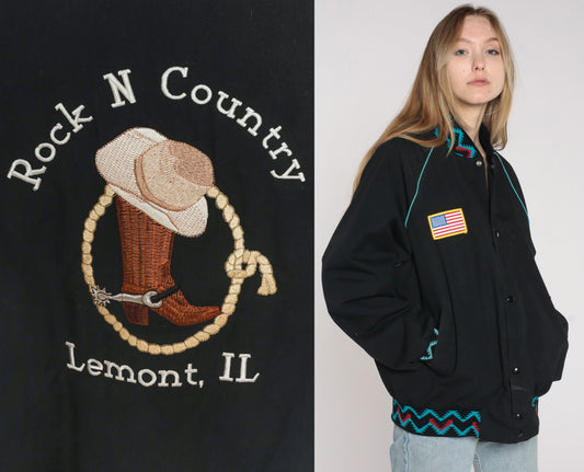 80s Rock N Country Snap Jacket Black Aztec Graphic Unisex Large