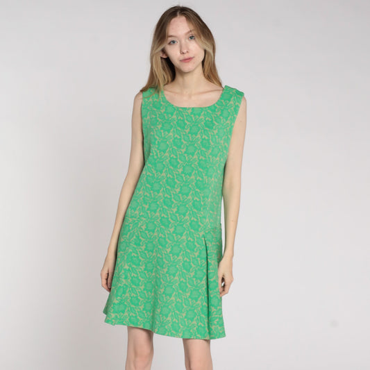 60s Floral Mini Dress Green Drop Waist Pleated Sleeveless Mod Medium Large