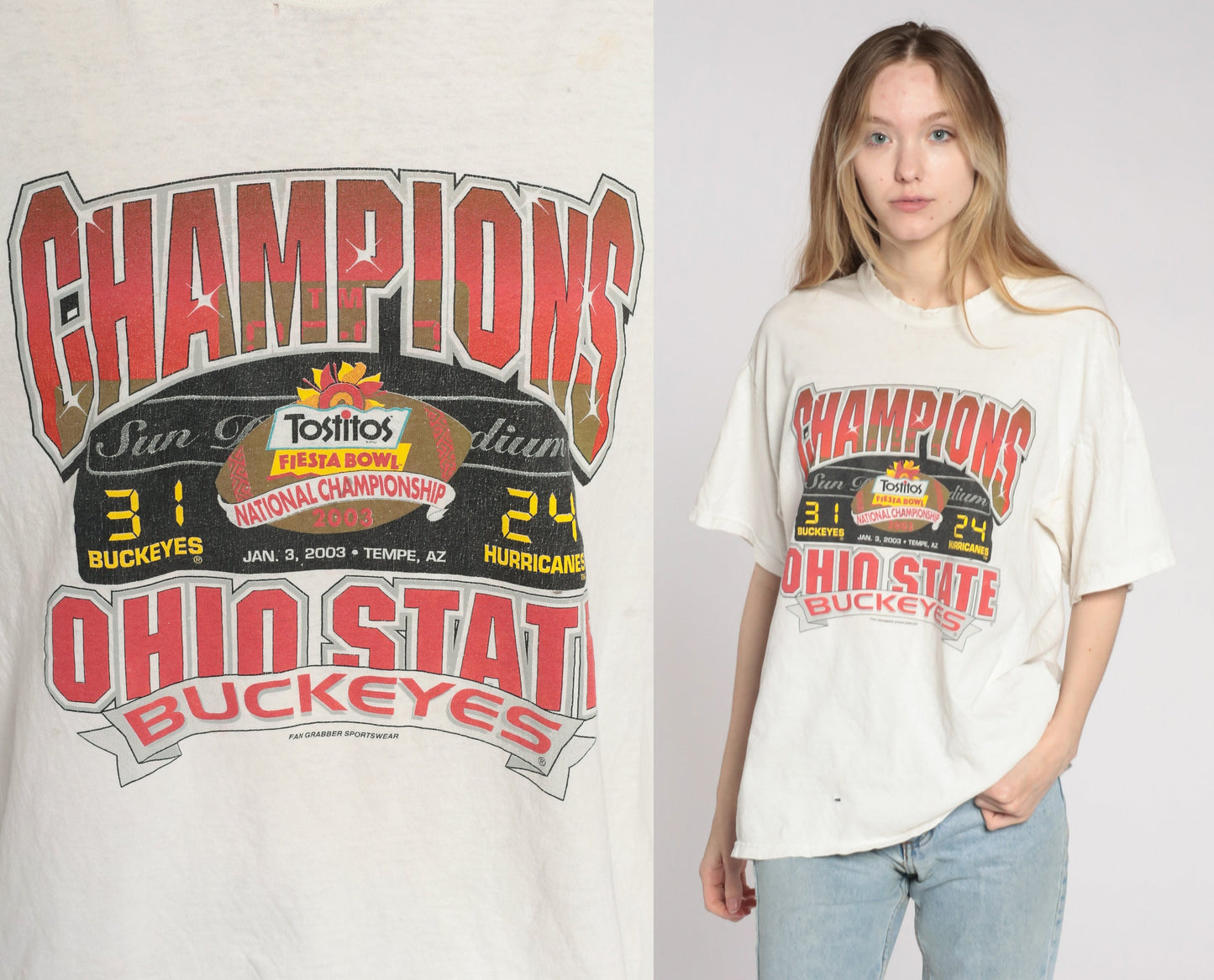 2003 Ohio State Buckeyes Fiesta Bowl Champions T Shirt Distressed Graphic Large
