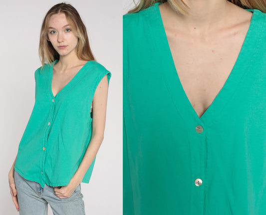 90s Green Button-Up Tank Top Sleeveless Blouse V-Neck Large L