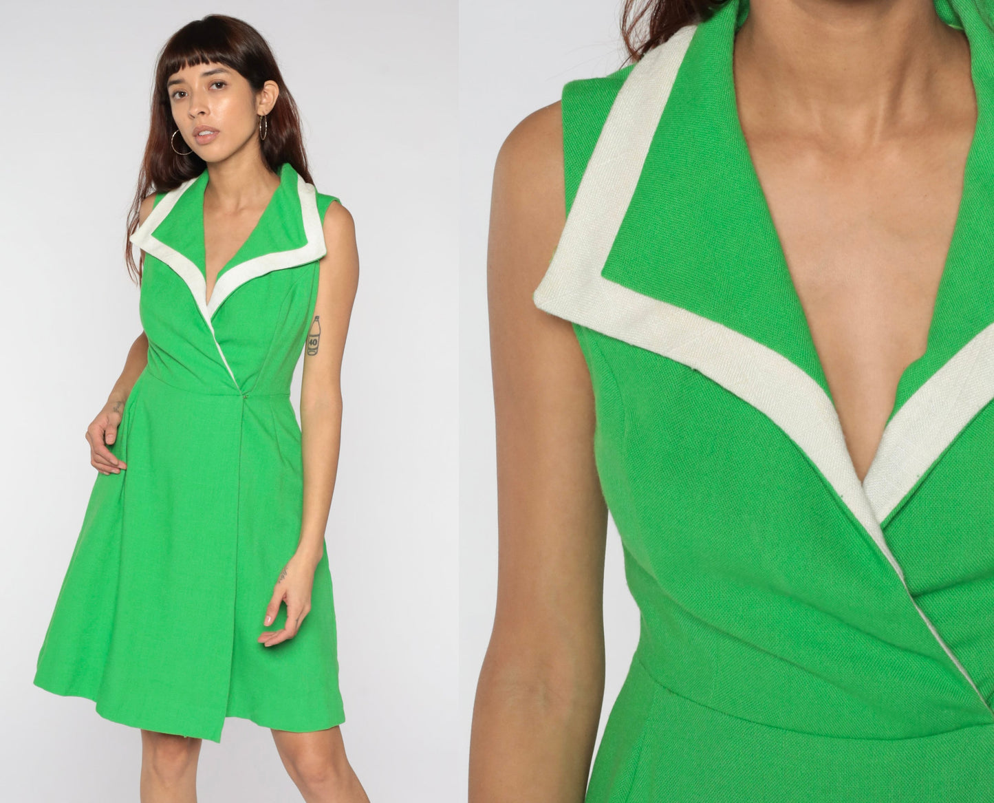 1970s Green Wrap Dress V-Neck High Waist Mini Sleeveless Small