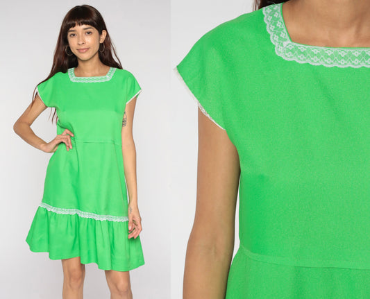 60s Lime Green Mini Dress Cap Sleeve High Waist Fit Flare Small S