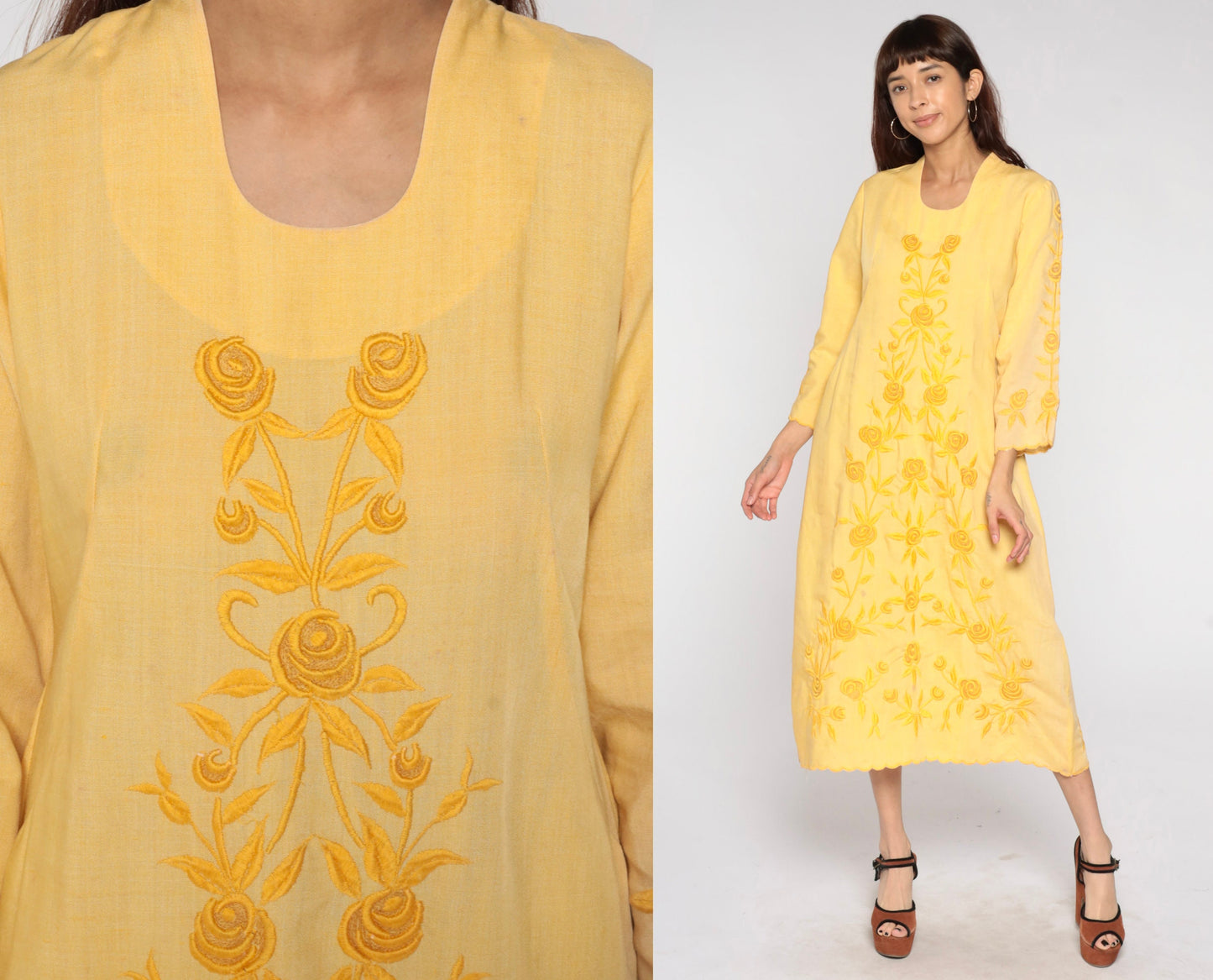 70s Yellow Floral Embroidered Midi Dress Long Sleeve Shift Small Medium