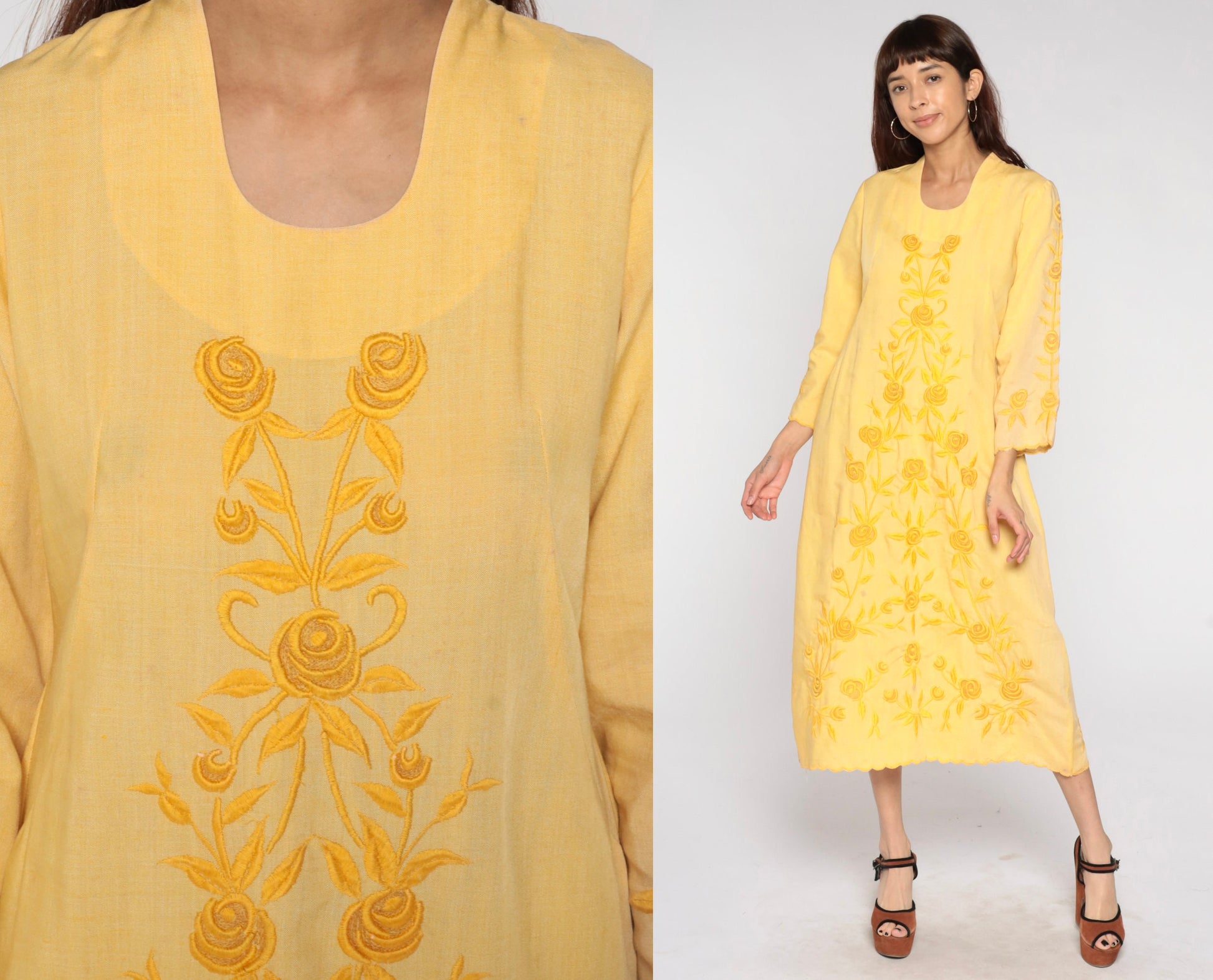70s Yellow Floral Embroidered Midi Dress Long Sleeve Shift Small Medium