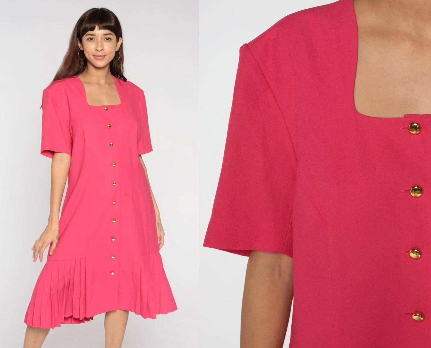 80s Liz Claiborne Pink Button-Up Midi Dress Drop Waist Shift Extra Large XL