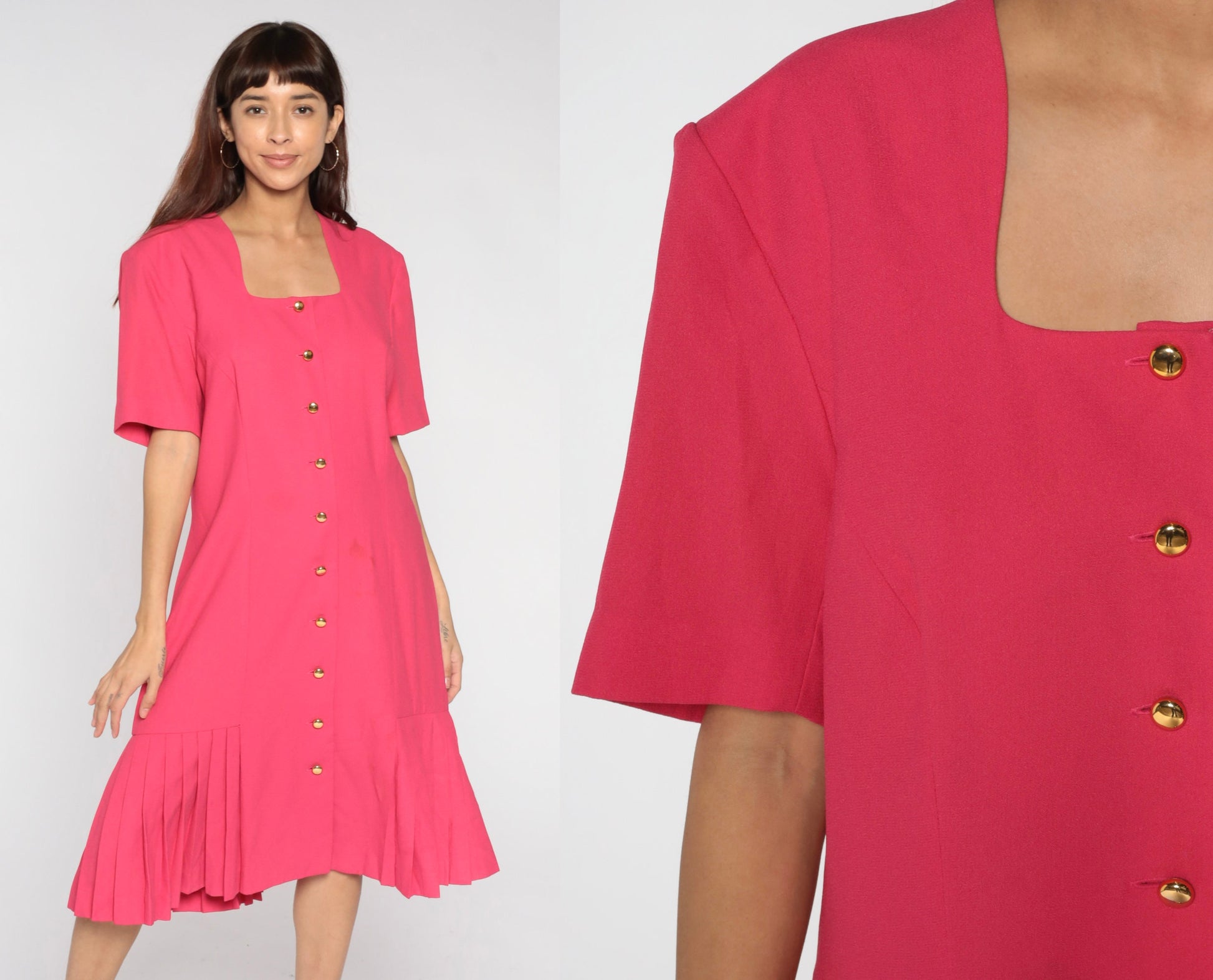 80s Liz Claiborne Pink Button-Up Midi Dress Drop Waist Shift Extra Large XL