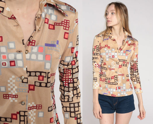 70s Psychedelic Geometric Print Button-Up Blouse Beige Long Sleeve Extra Small