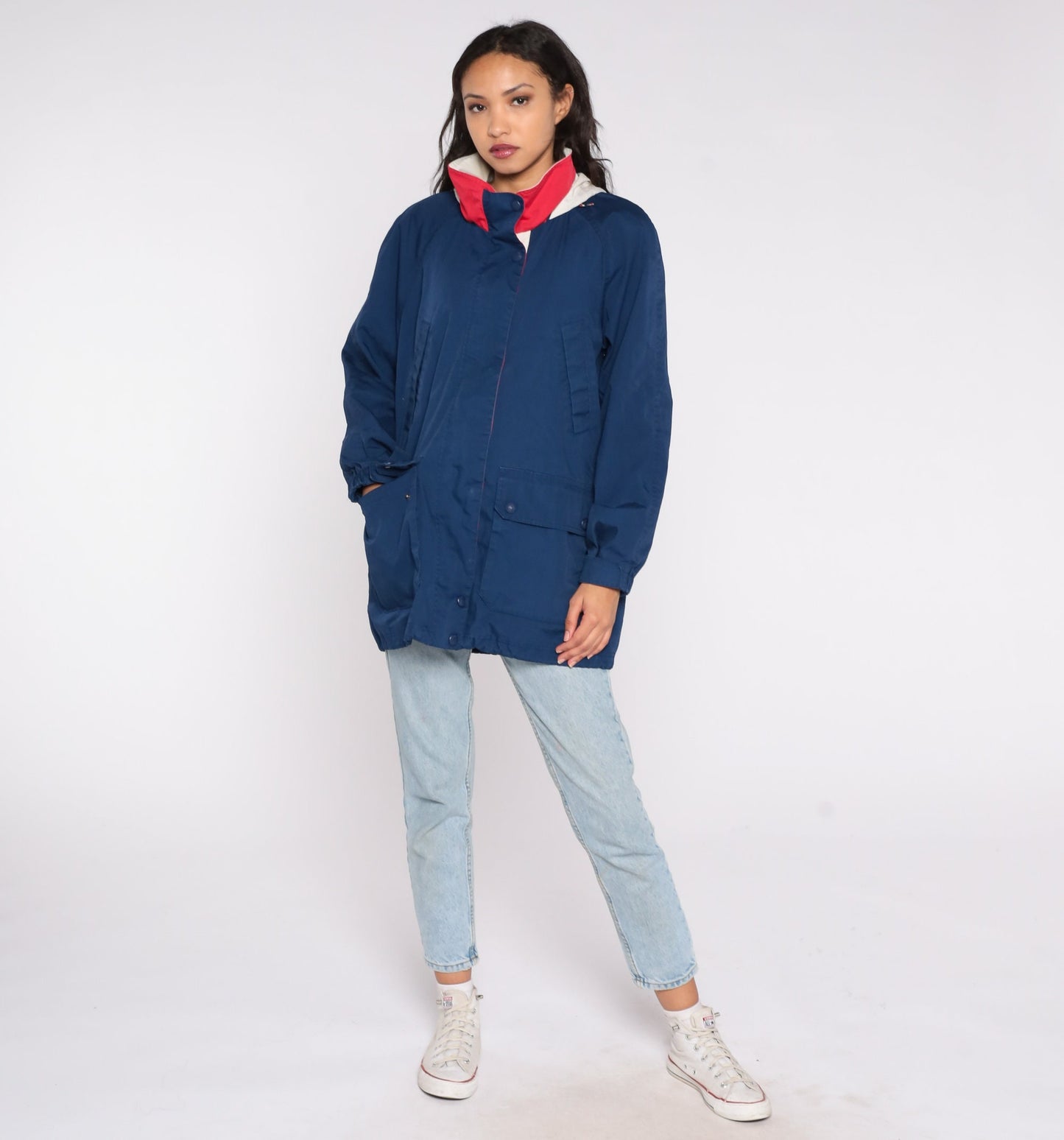 90s Navy Windbreaker Jacket Funnel Neck Raglan Lightweight Large L