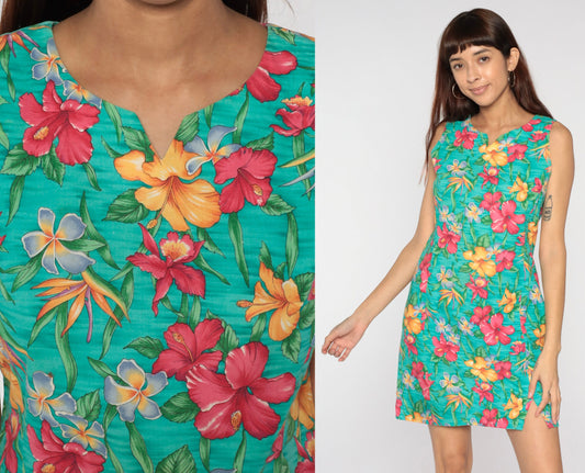 90s Floral Sheath Sundress Turquoise Mini Sleeveless Small Medium