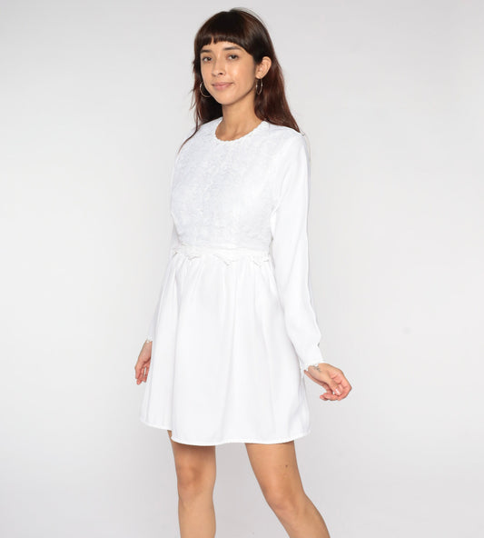 90s White Lace Mini Dress High Waist Long Sleeve Party Small