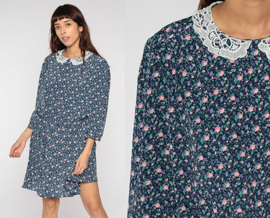 80s Blue Floral Mini Dress Lace Collar 3/4 Sleeve Plus Size XL