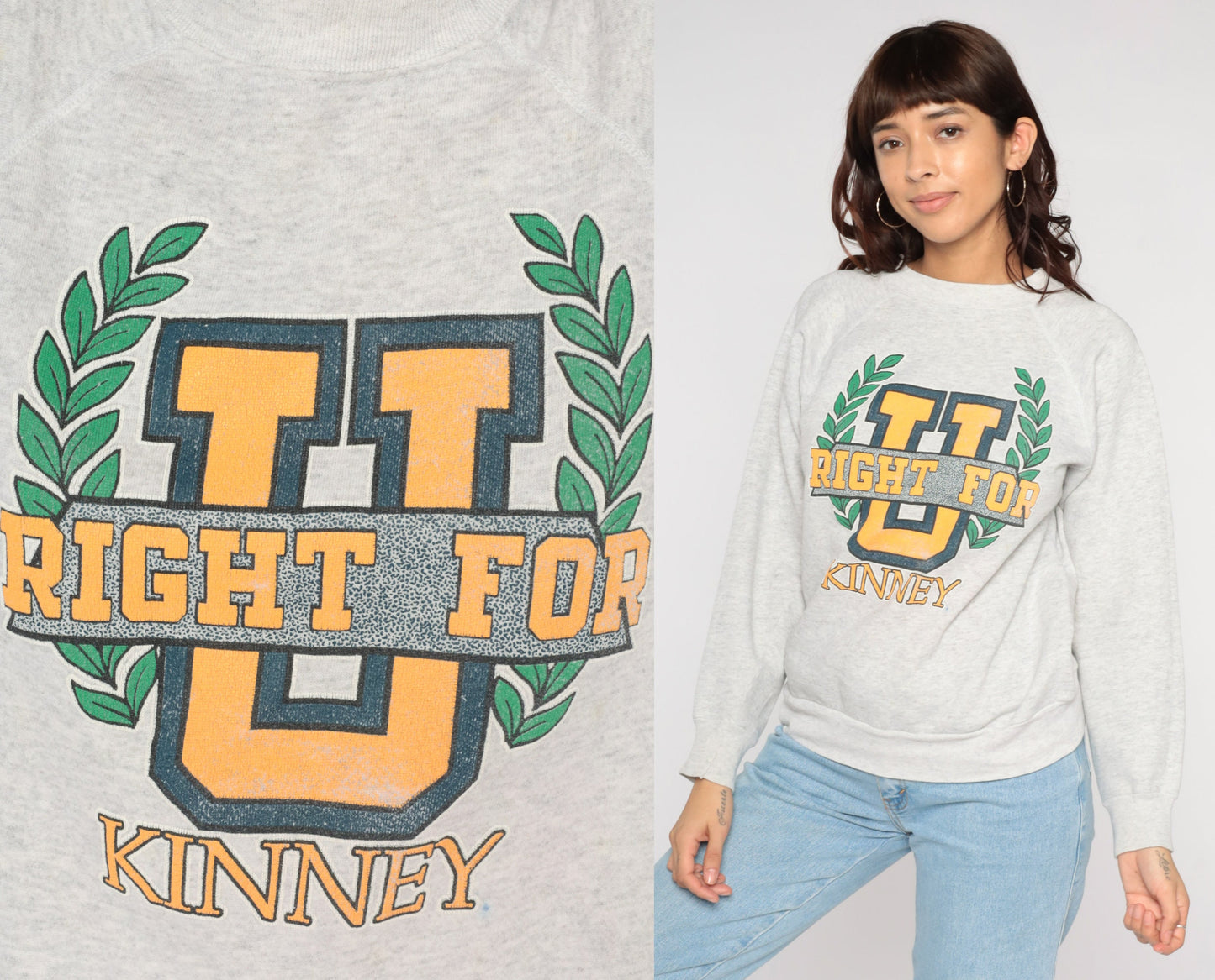 80s U Kinney University Graphic Sweatshirt Heather Grey Crewneck Medium