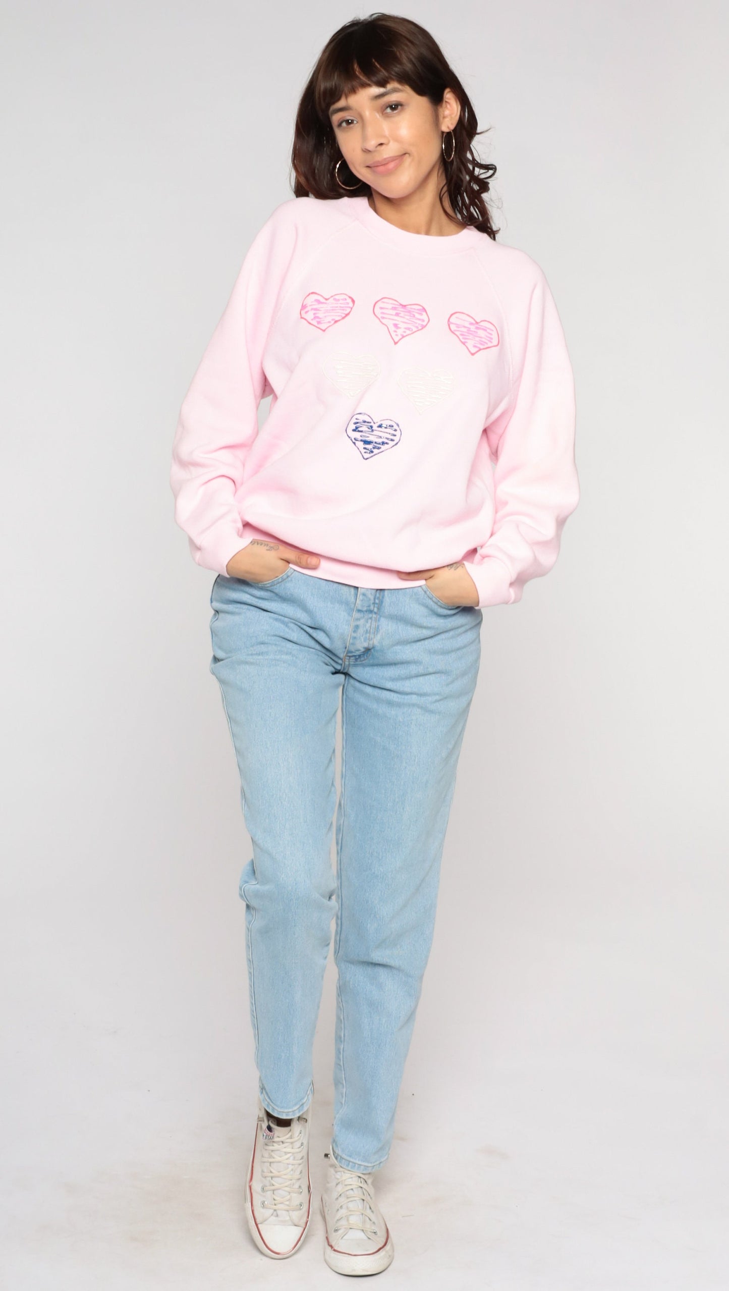 80s Hand Painted Heart Sweatshirt Baby Pink Raglan Graphic Large L