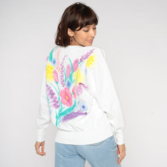 90s Floral Painted Flower Bouquet V-Neck Raglan Sweatshirt White Large