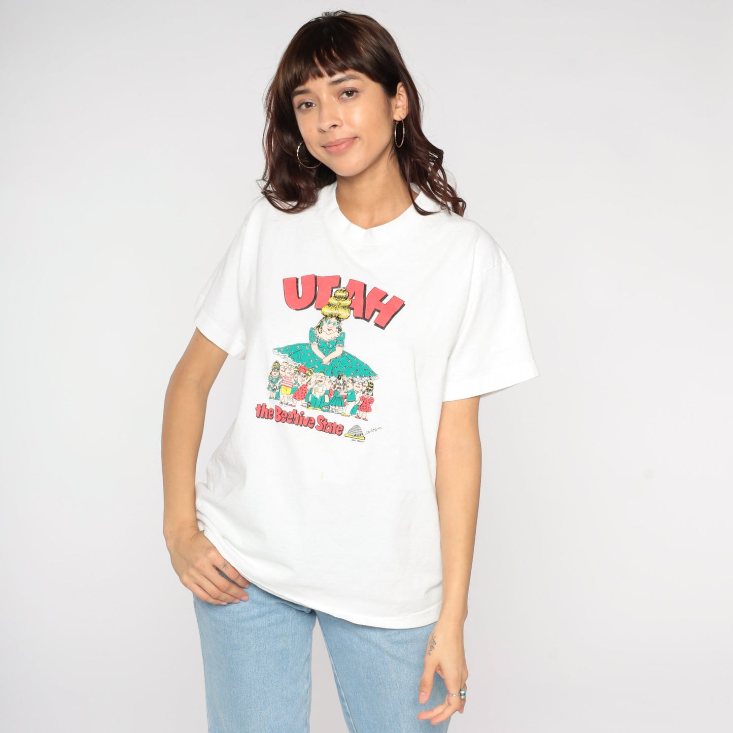 90s Utah Beehive State Graphic T-Shirt Single Stitch Cartoon Print Medium