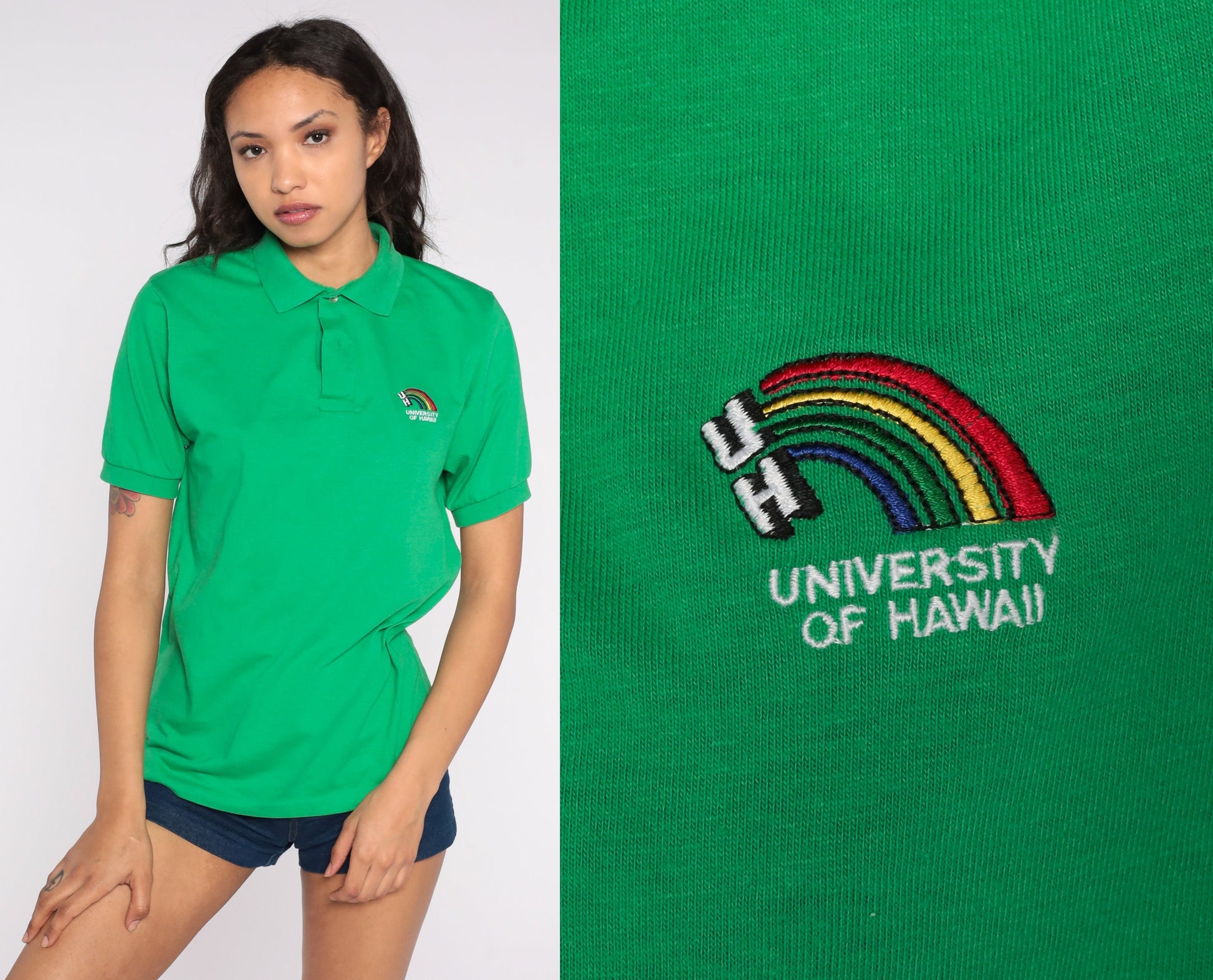 80s University of Hawaii Polo Shirt Green Rainbow Logo Half Button Medium