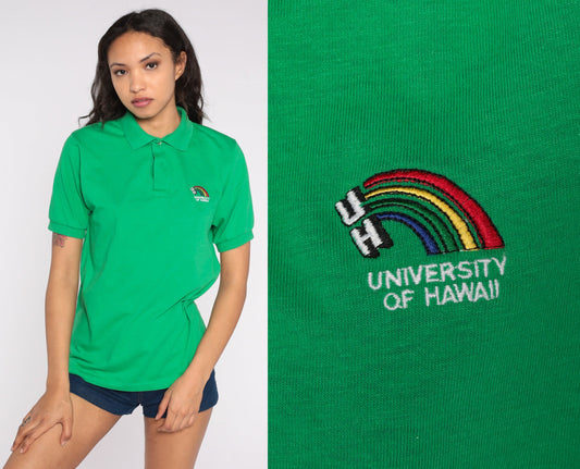 80s University of Hawaii Polo Shirt Green Rainbow Logo Half Button Medium