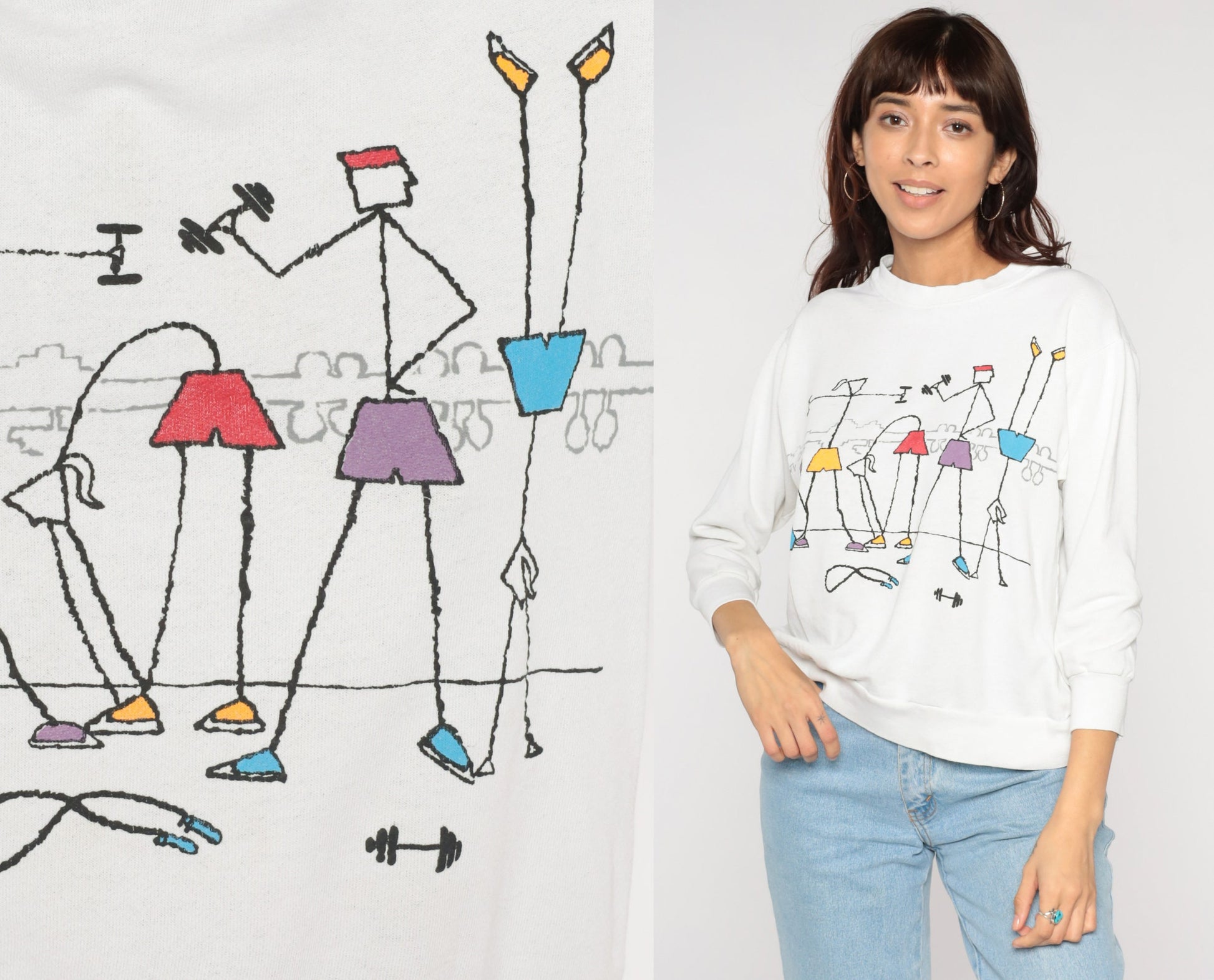 80s Workout Graphic Sweatshirt Stick Figure Fitness White Crewneck Medium