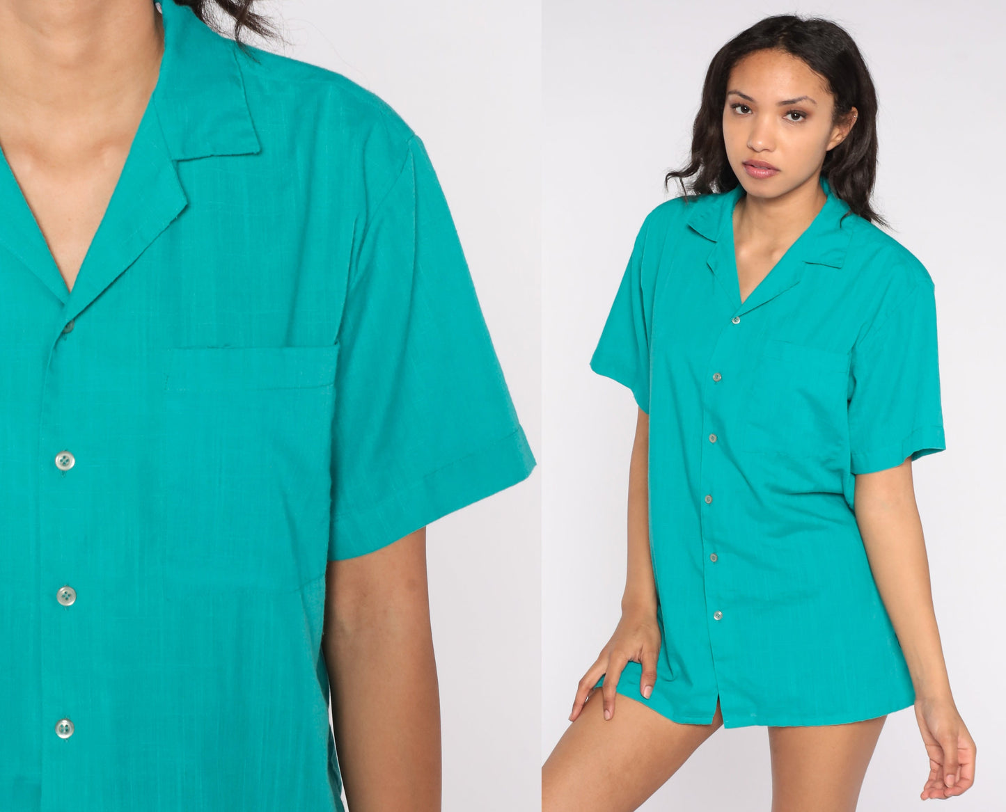80s Turquoise Button-Up Shirt Short Sleeve Plain Top Medium Large