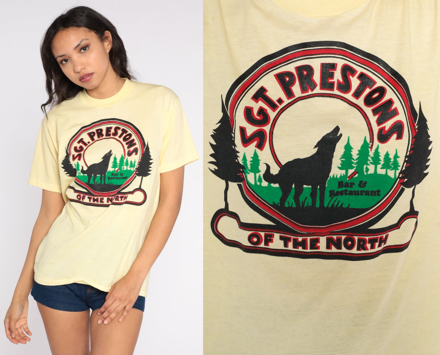 80s Sgt Preston's of the North Graphic T-Shirt Yellow Lafayette Indiana Large