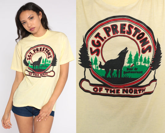 80s Sgt Preston's of the North Graphic T-Shirt Yellow Lafayette Indiana Large