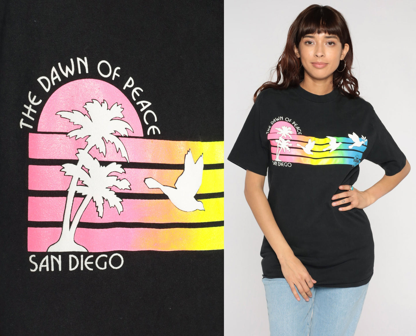 90s San Diego Dawn of Peace Graphic T-Shirt Neon Stripes Cotton Medium