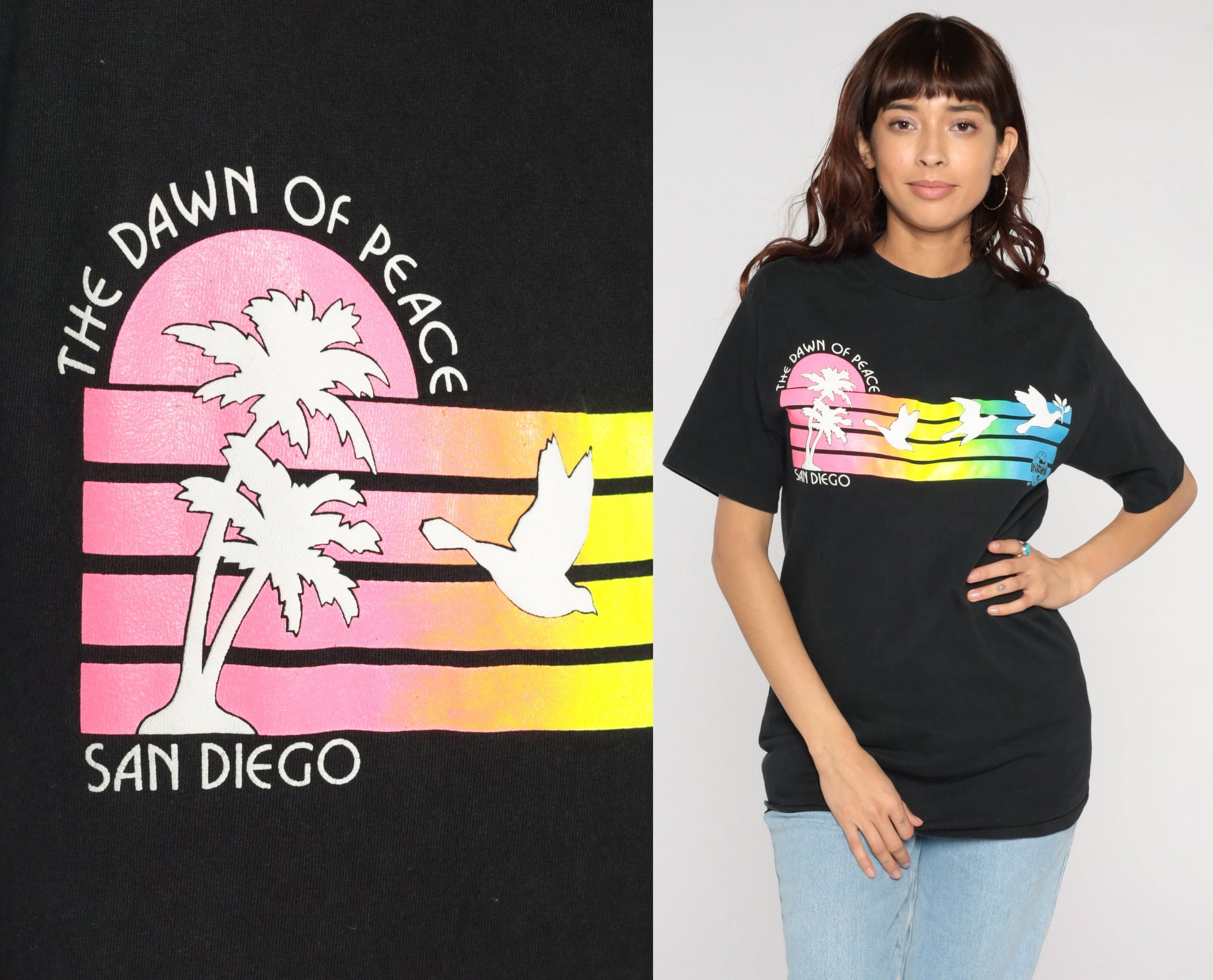 90s San Diego Dawn of Peace Graphic T-Shirt Neon Stripes Cotton Medium
