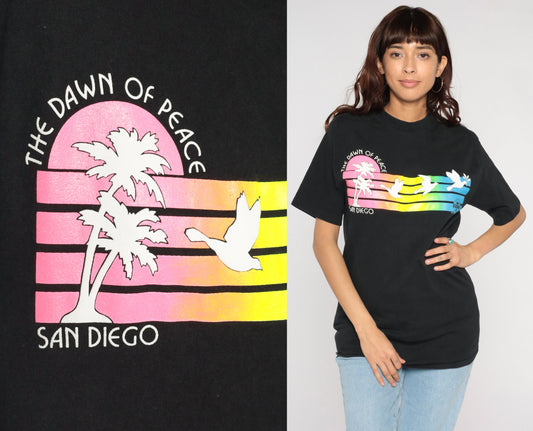 90s San Diego Dawn of Peace Graphic T-Shirt Neon Stripes Cotton Medium
