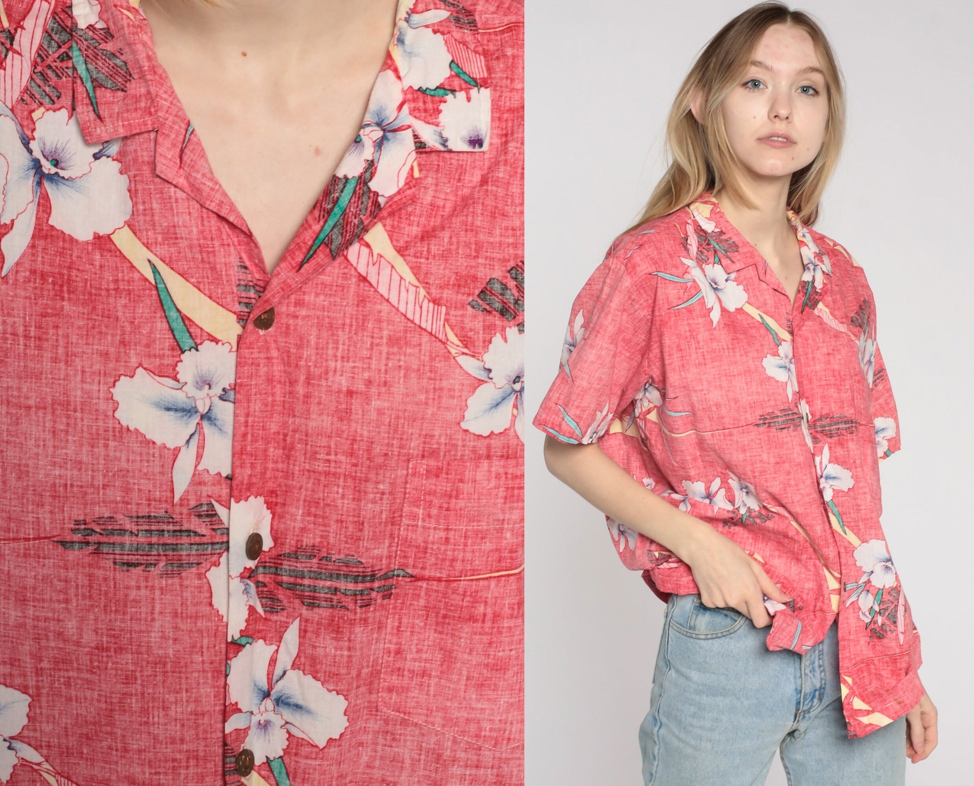 90s Tropical Floral Button-Up Shirt Faded Red Hawaiian Cotton Men's Large