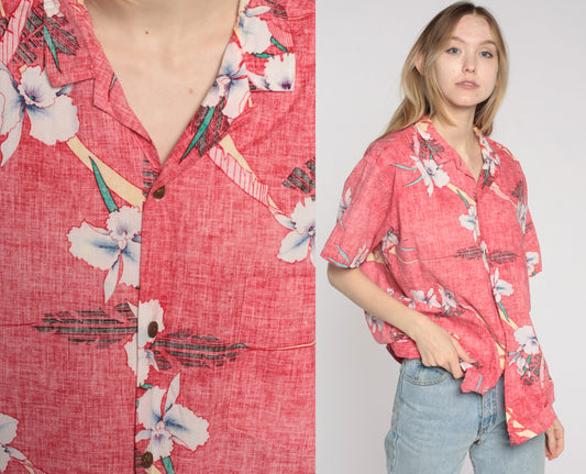 90s Tropical Floral Button-Up Shirt Faded Red Hawaiian Cotton Men's Large