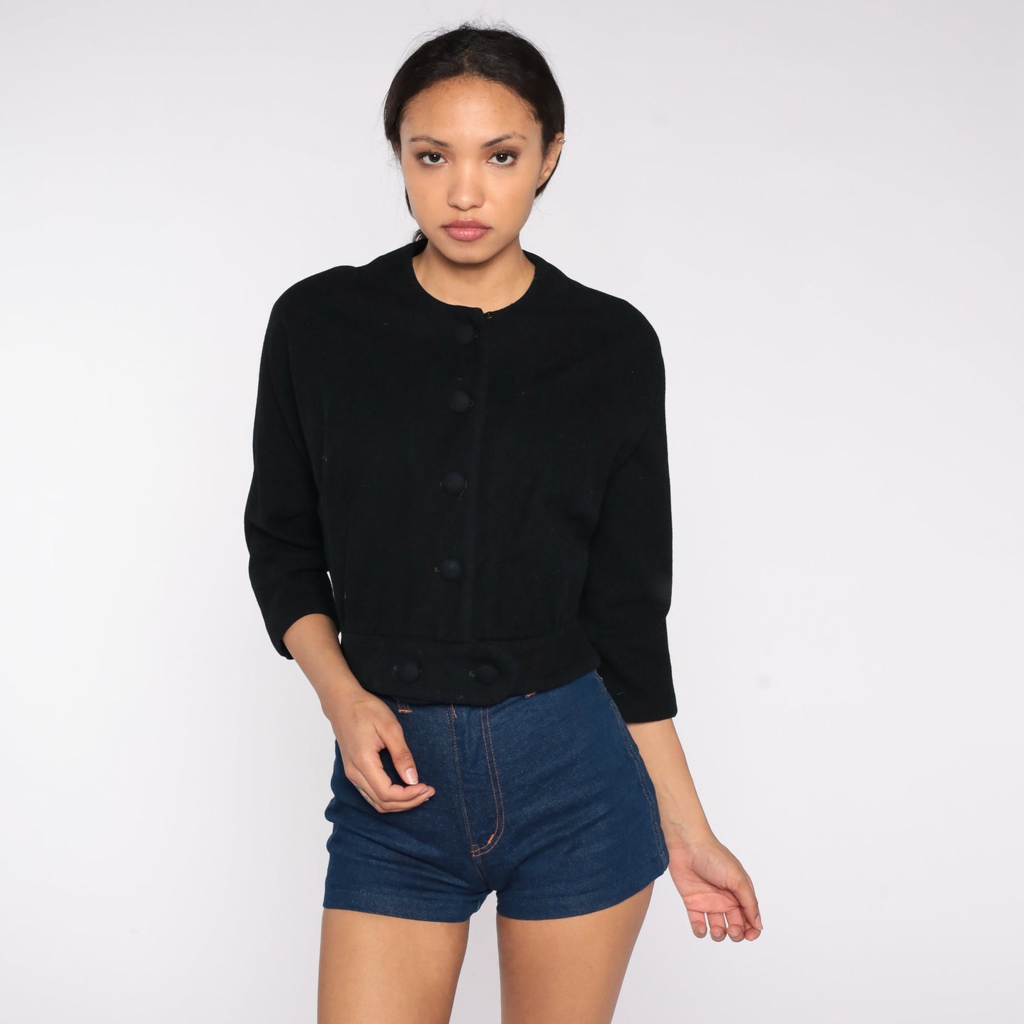 60s Black Cropped Jacket Button-Up Blazer Three-Quarter Sleeve Medium