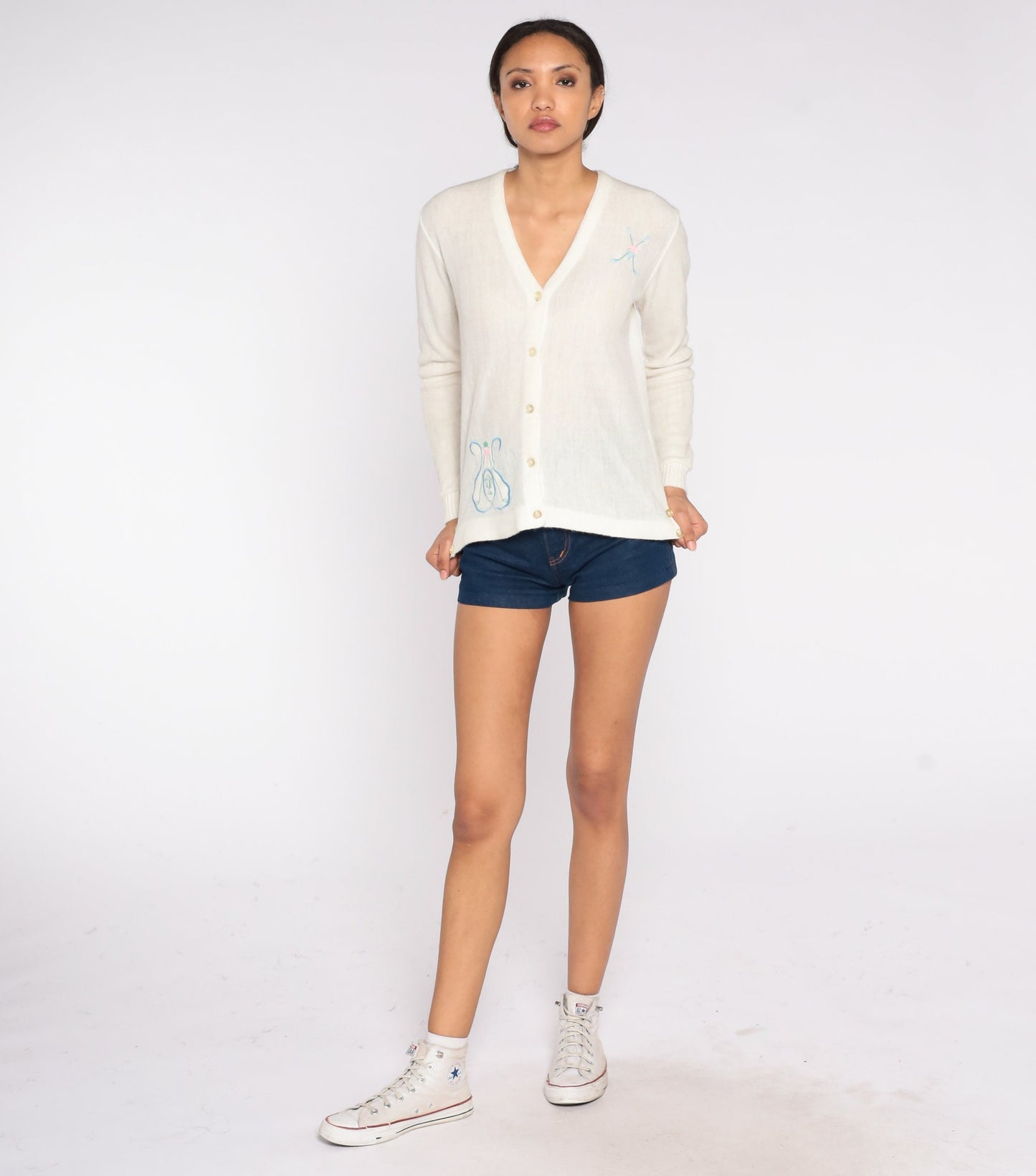 70s Golf Embroidered Cardigan Cream Knit Button-Up Sweater Extra Small