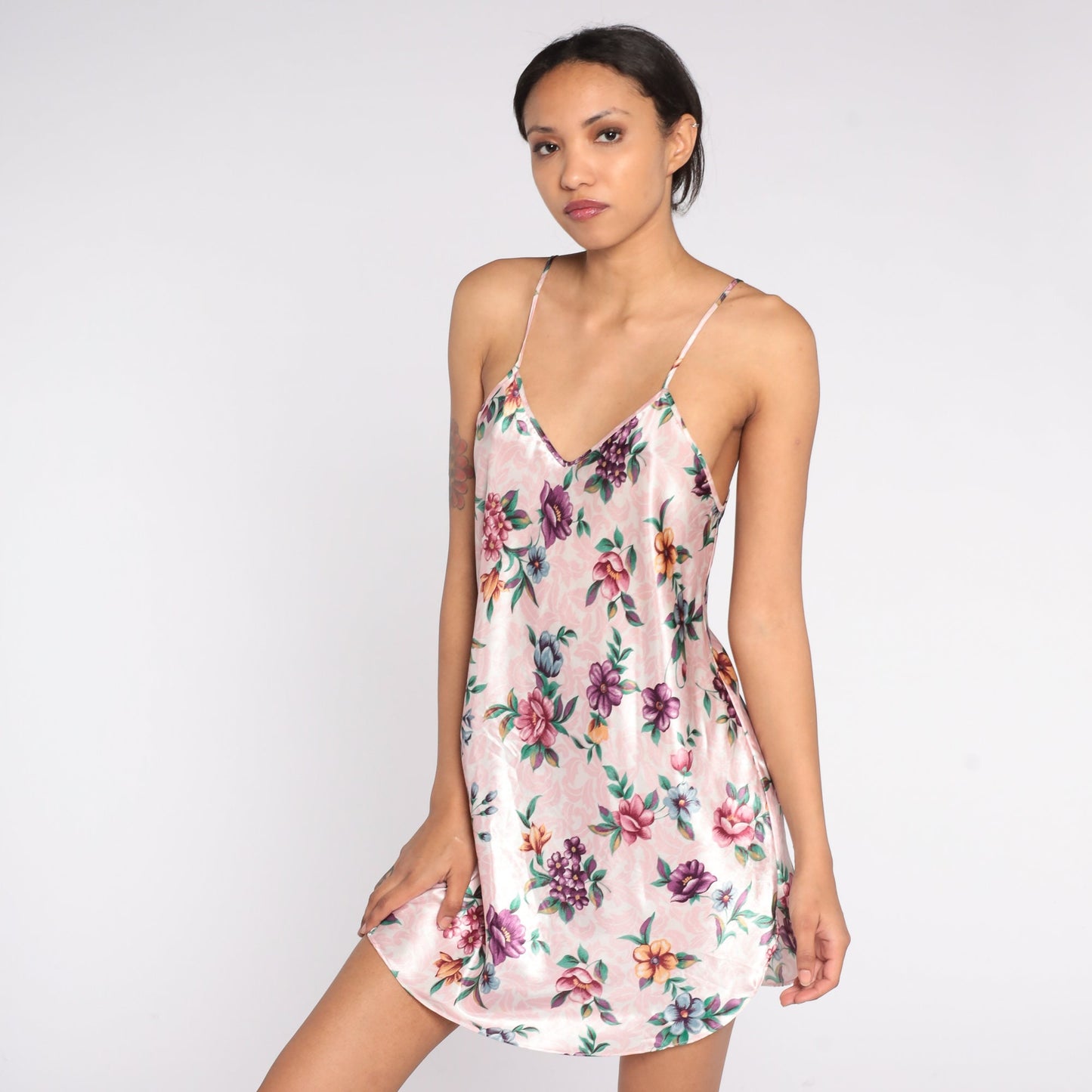 90s Pink Floral Slip Dress Spaghetti Strap Mini Nightgown Medium M
