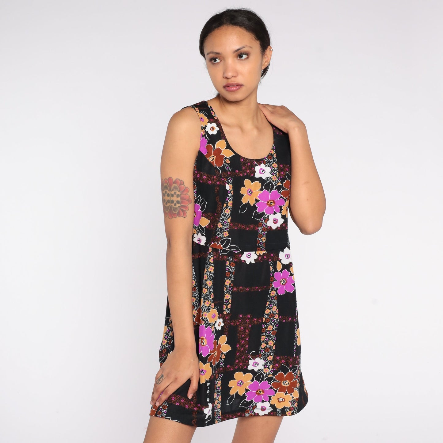 70s Black Floral Mini Dress Sleeveless A-Line Small