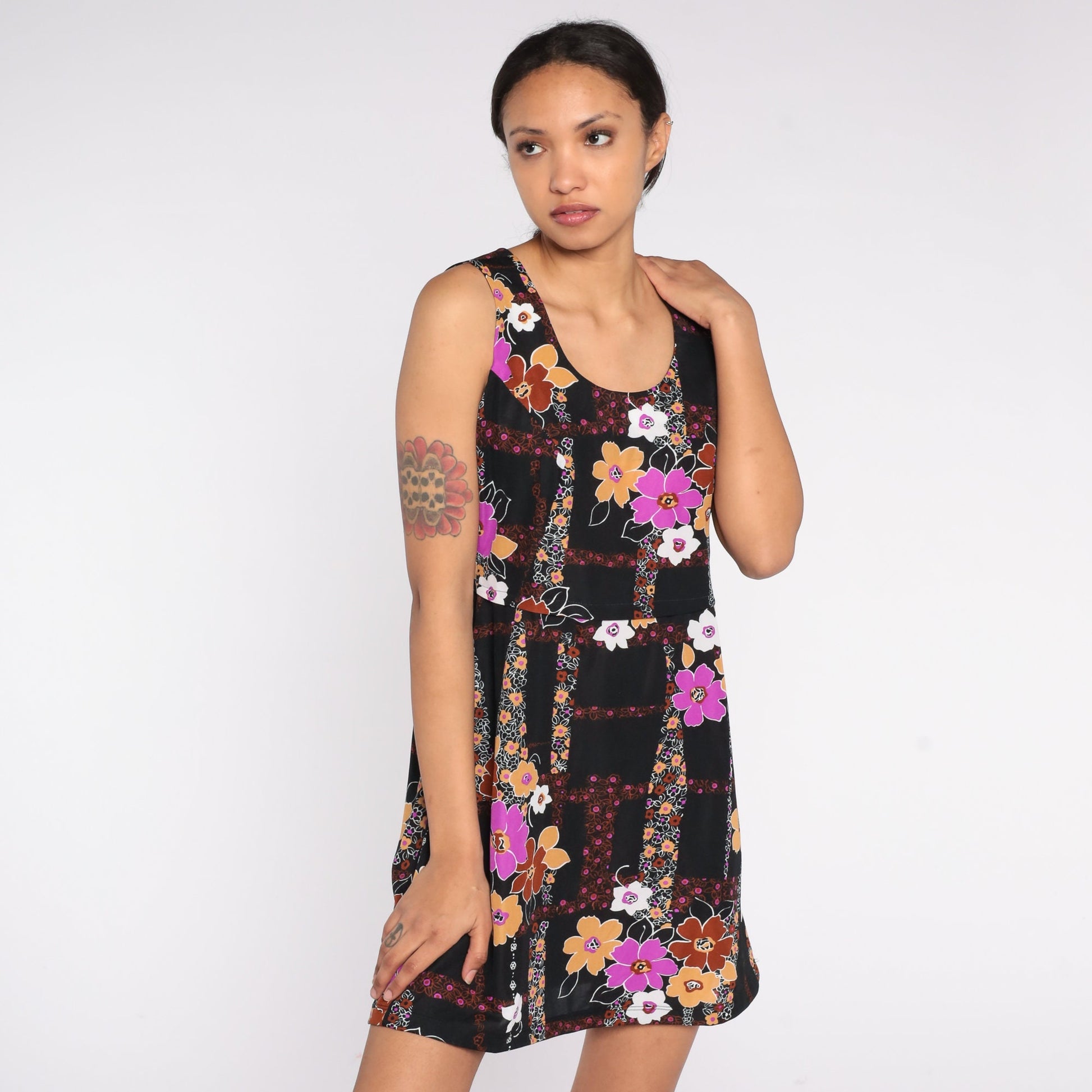 70s Black Floral Mini Dress Sleeveless A-Line Small