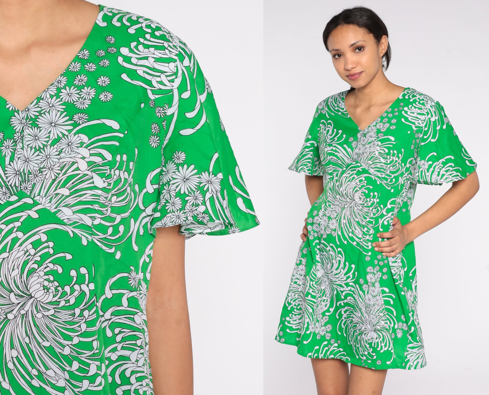 70s Green Floral Mini Dress Empire Waist Flutter Sleeve Shift Large L
