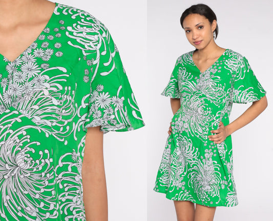 70s Green Floral Mini Dress Empire Waist Flutter Sleeve Shift Large L