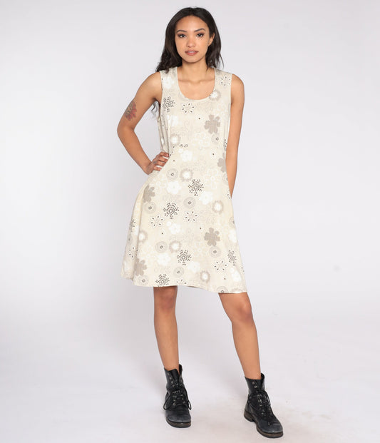 Y2K Floral Mini Dress Beige Empire Waist Sleeveless Large L