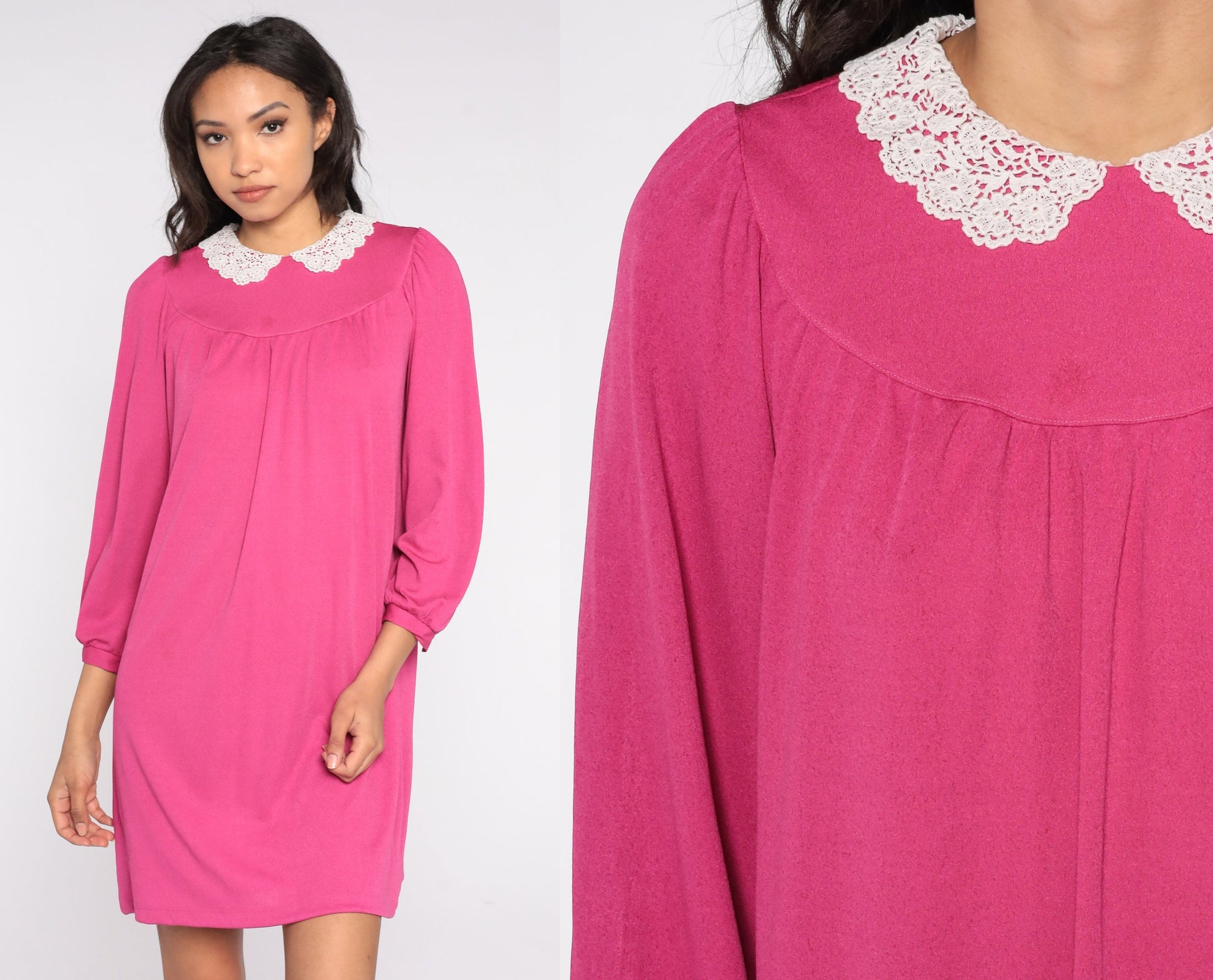 80s Pink Mini Dress Long Sleeve Lace Collar Tent Cut Medium M