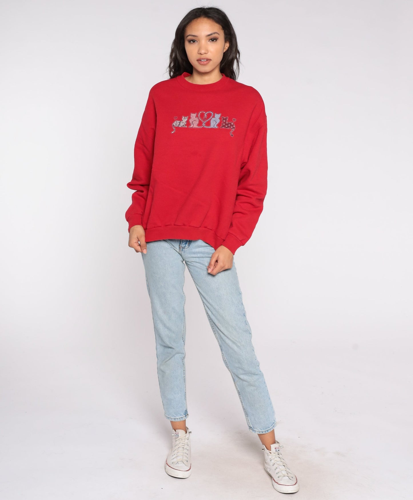 Y2K Cat Graphic Sweatshirt Red Crewneck Pullover Large L